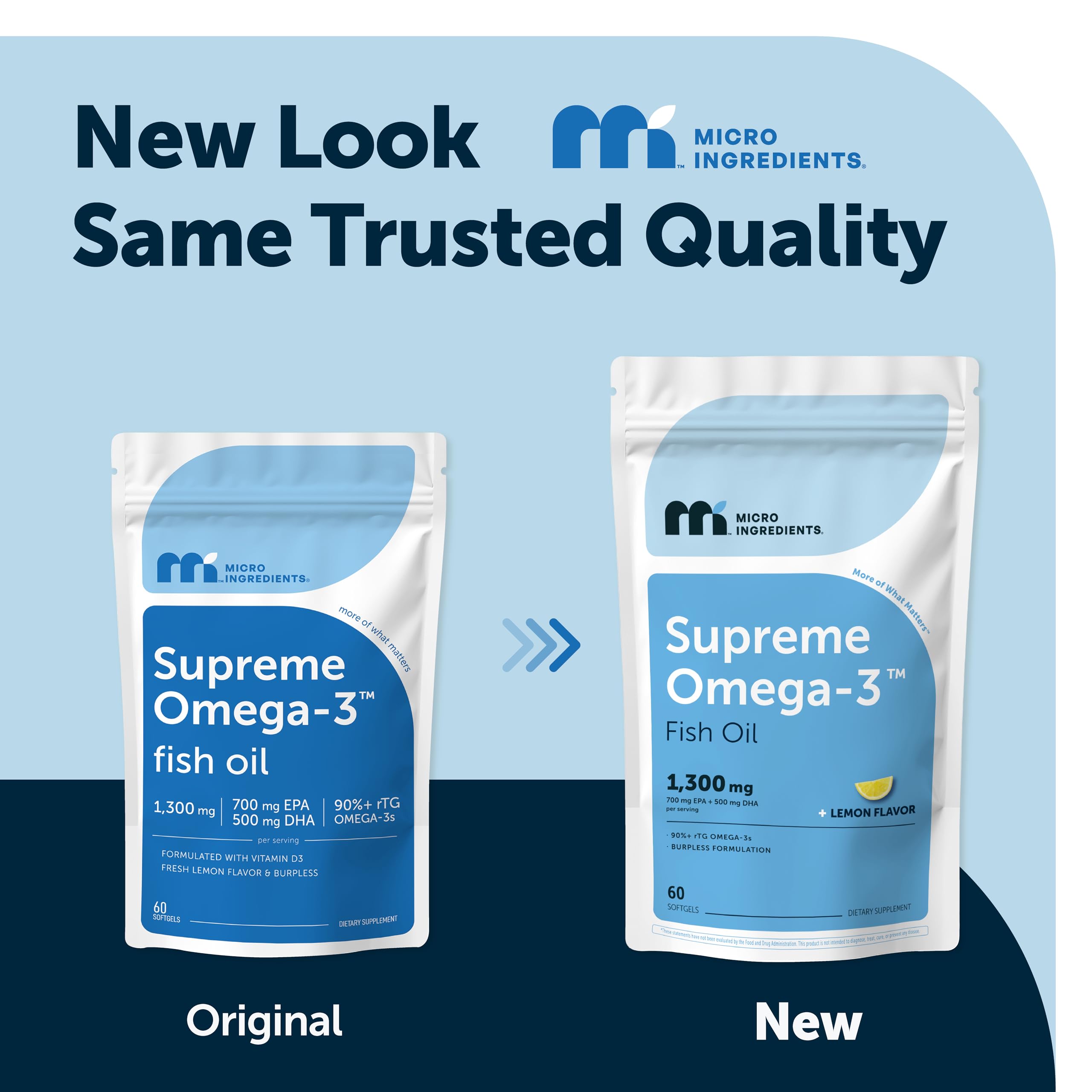 Micro Ingredients rTG Omega 3 fish oil dietary supplement bottle displaying natural lemon flavor and burpless softgel details.