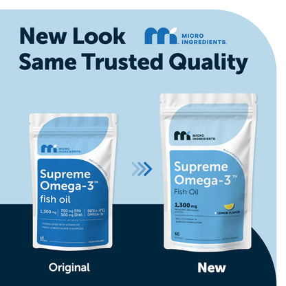 Micro Ingredients rTG Omega 3 fish oil dietary supplement bottle displaying natural lemon flavor and burpless softgel details.