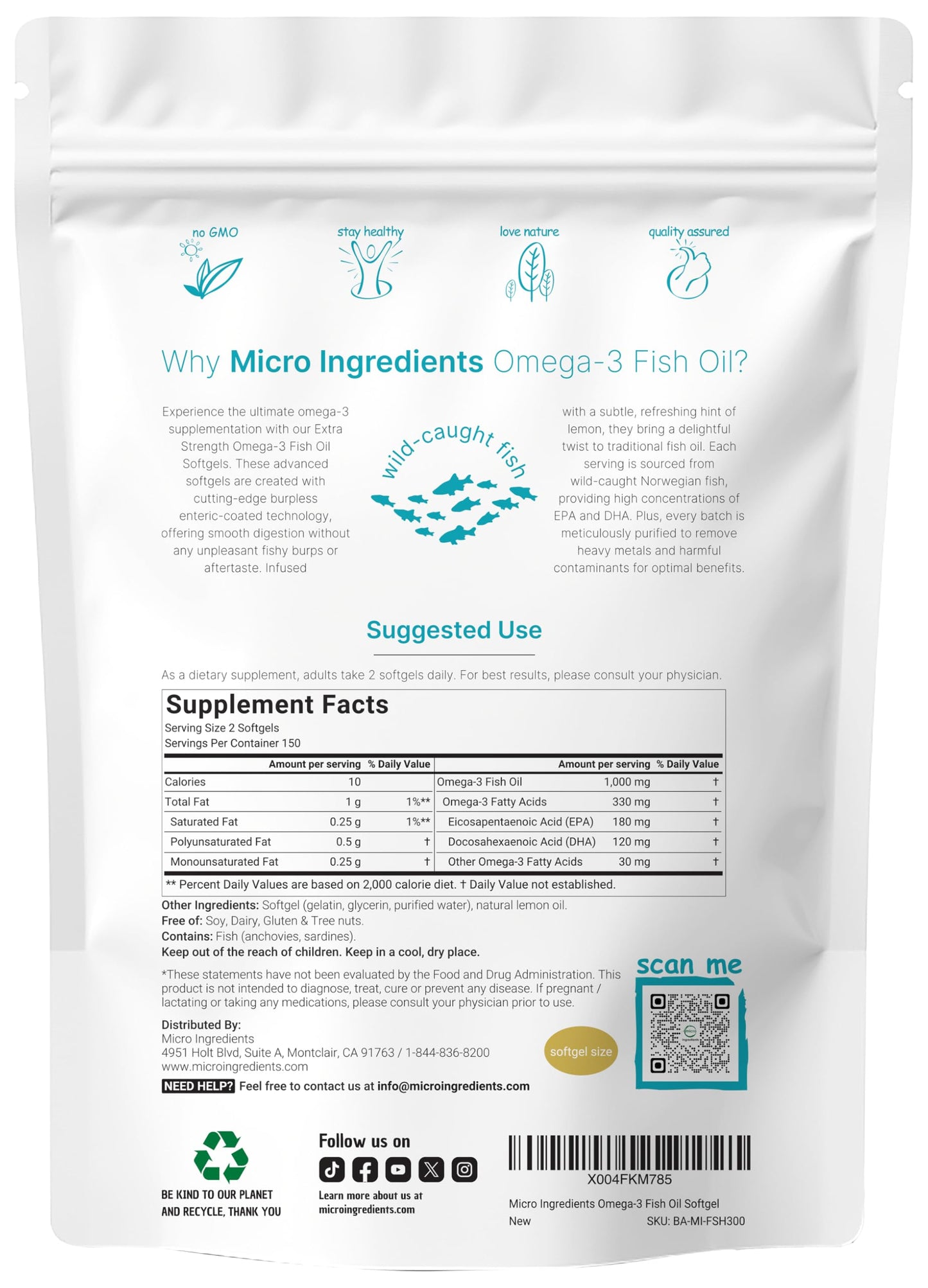 Micro Ingredients lemon flavored burpless fish oil softgels detailed nutritional facts panel.