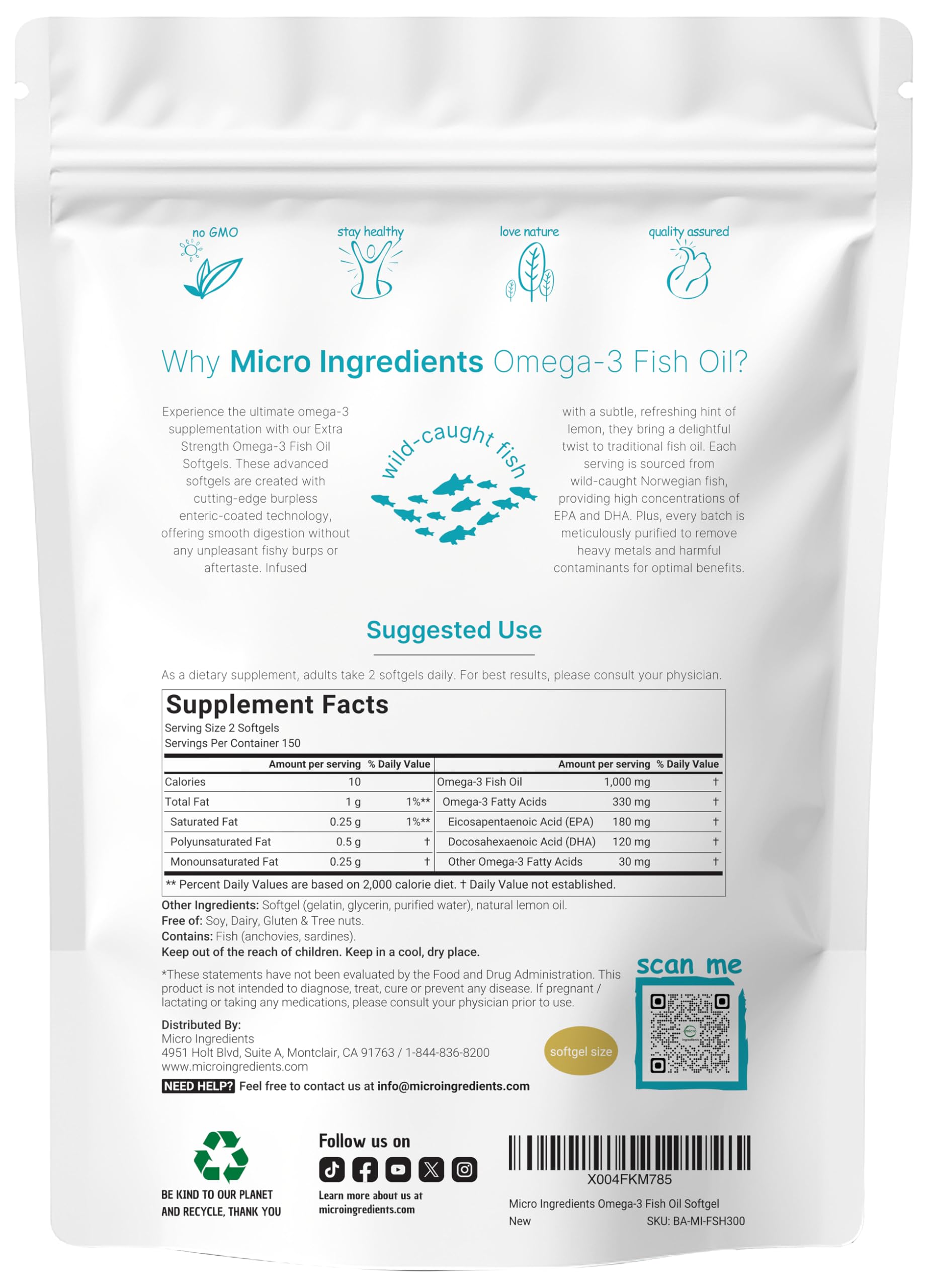 Micro Ingredients lemon flavored burpless fish oil softgels detailed nutritional facts panel.