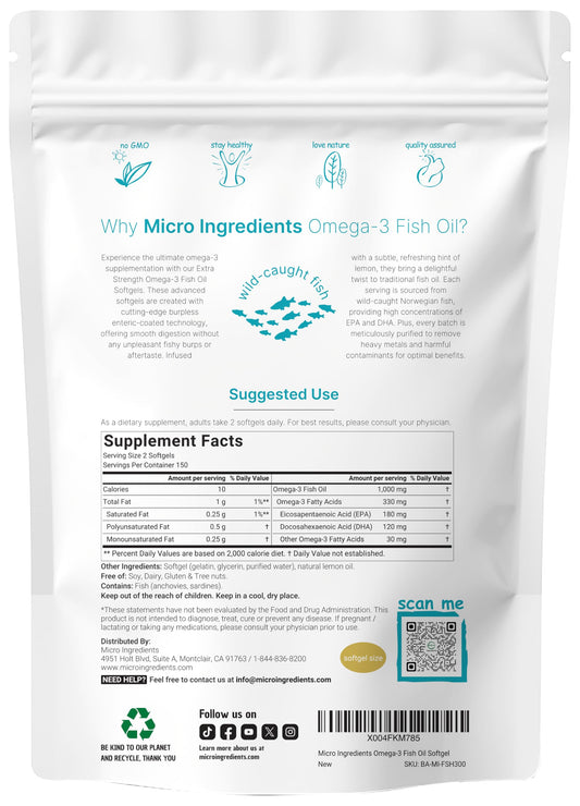 Micro Ingredients lemon flavored burpless fish oil softgels detailed nutritional facts panel.
