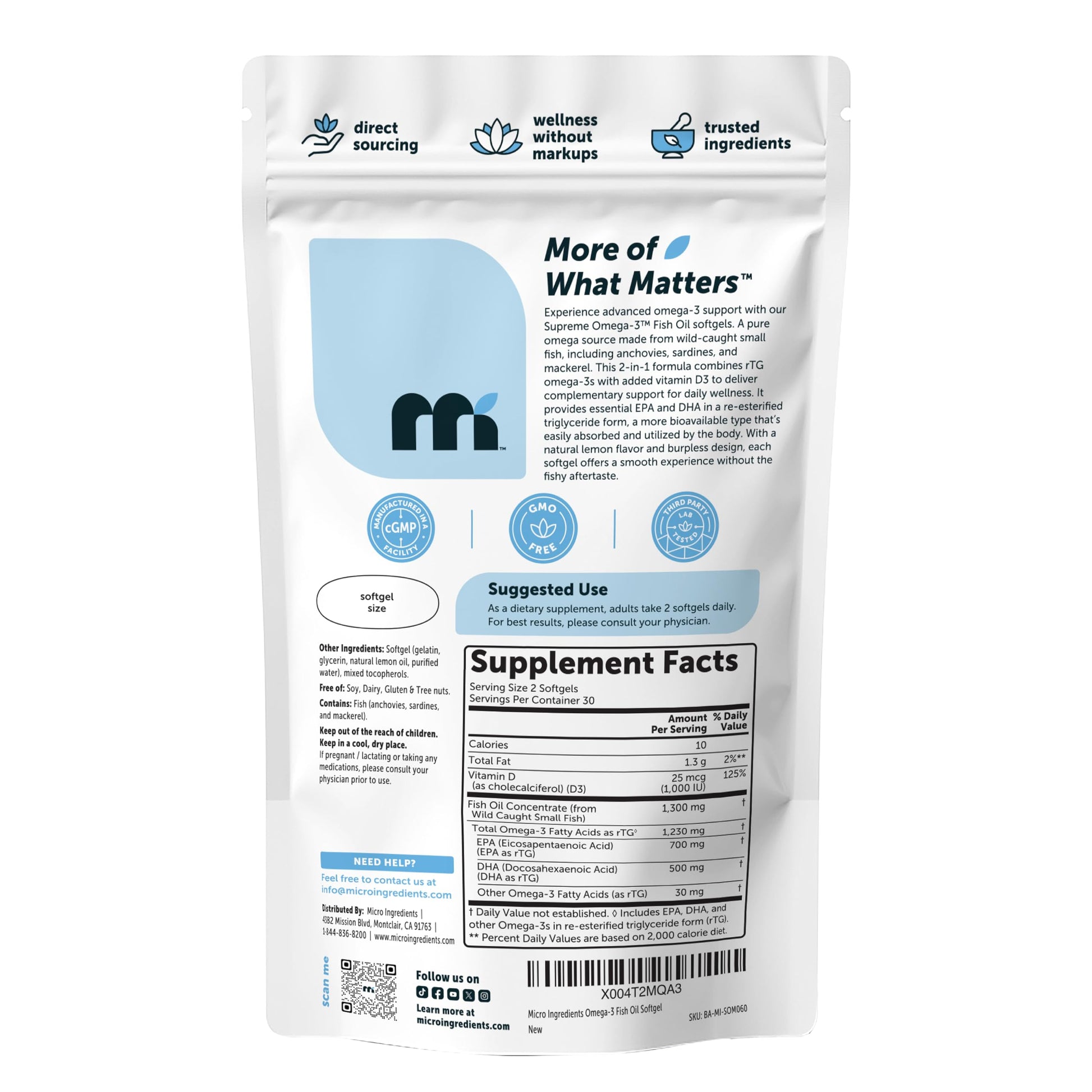 Micro Ingredients 60 burpless softgels package showcasing the seventy percent EPA and fifty percent DHA concentration breakdowns.