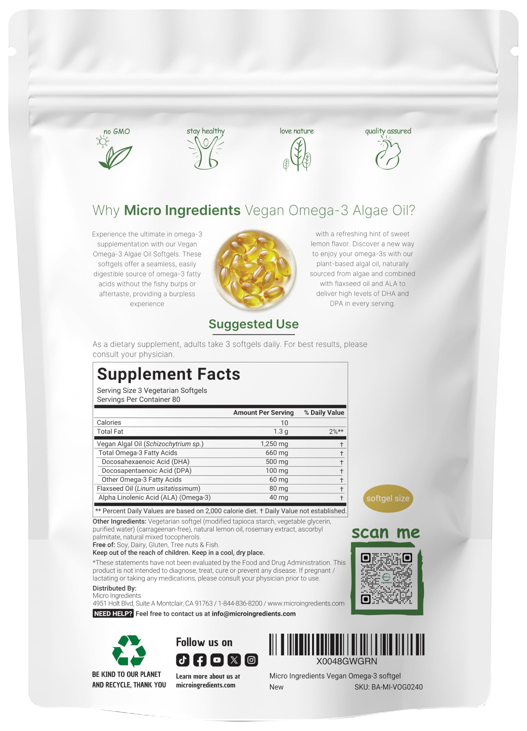Micro Ingredients plant based omega supplement vegetarian softgels displayed clearly
