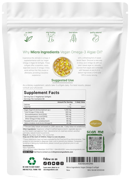 Micro Ingredients plant based omega supplement vegetarian softgels displayed clearly
