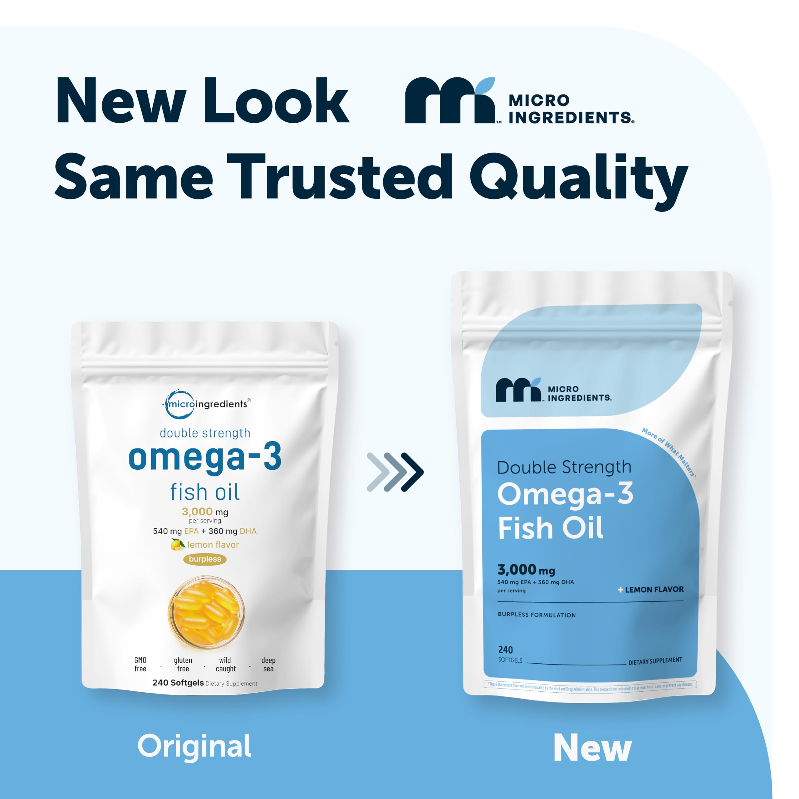 Micro Ingredients double strength fish oil supplement with lemon flavor showing burpless enteric coated capsule details