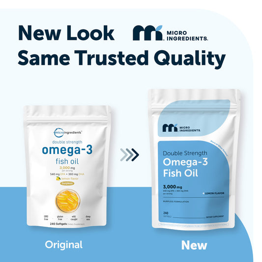 Micro Ingredients double strength fish oil supplement with lemon flavor showing burpless enteric coated capsule details