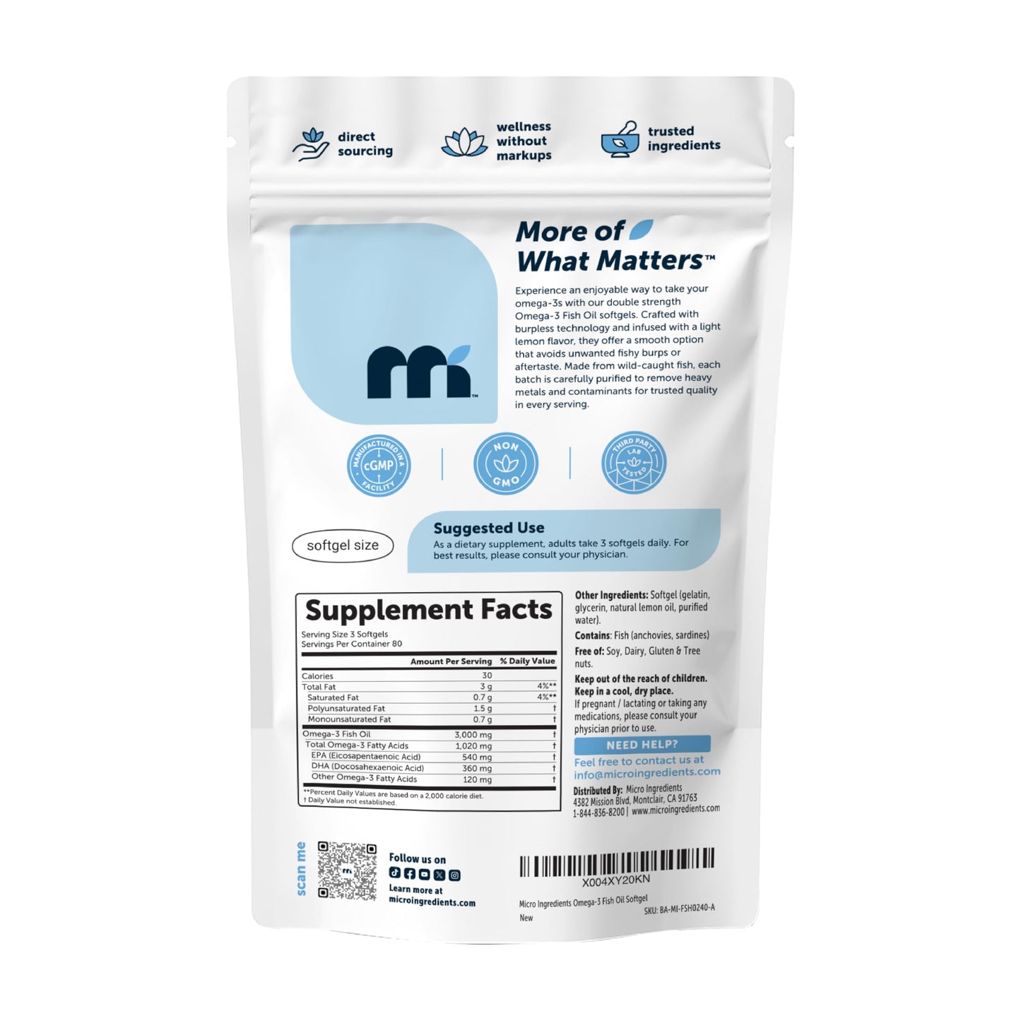 Micro Ingredients 240 softgels essential fatty acids pouch highlighting cognitive function and brain health benefits