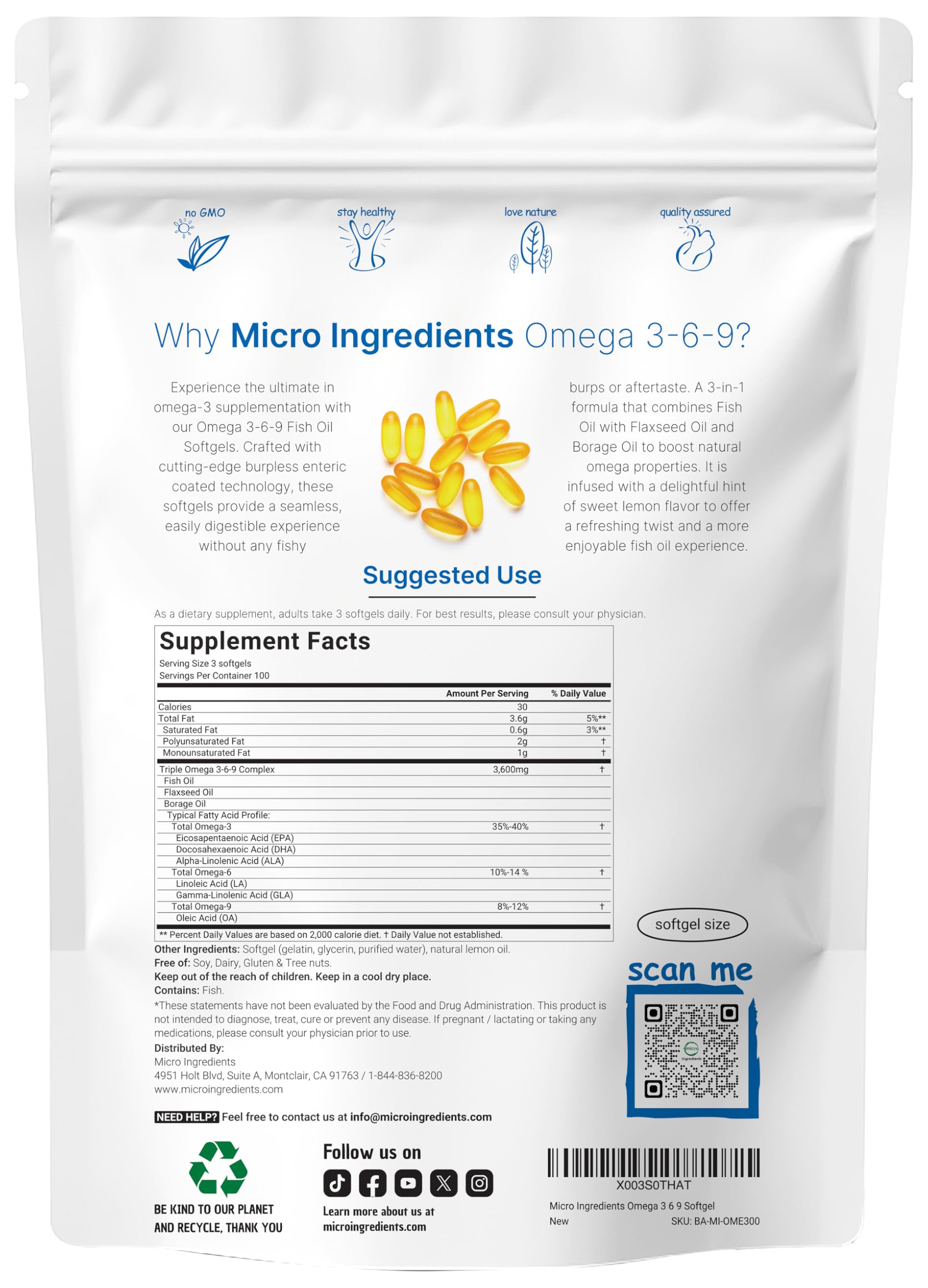 Micro Ingredients 300 burpless softgels nutritional facts label