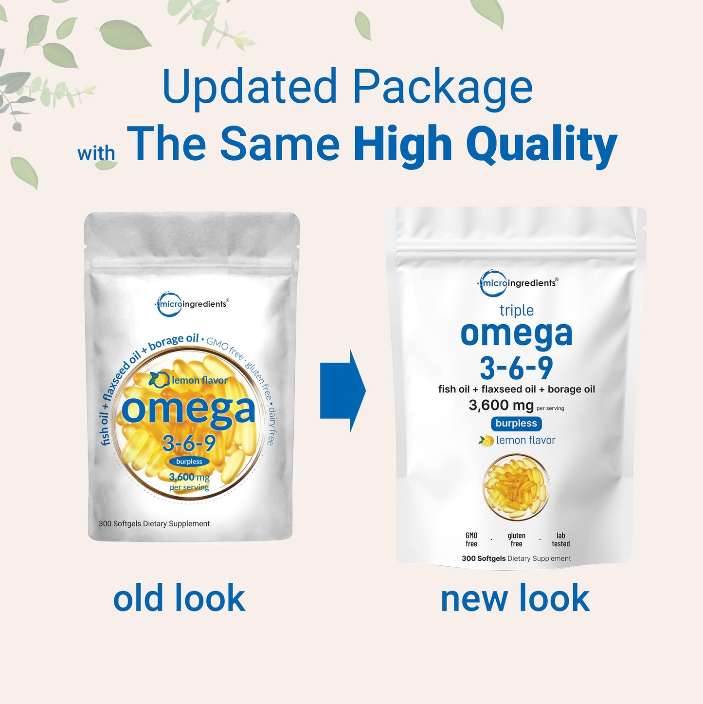 Close up of Micro Ingredients Omega 3 6 9 lemon flavored softgels