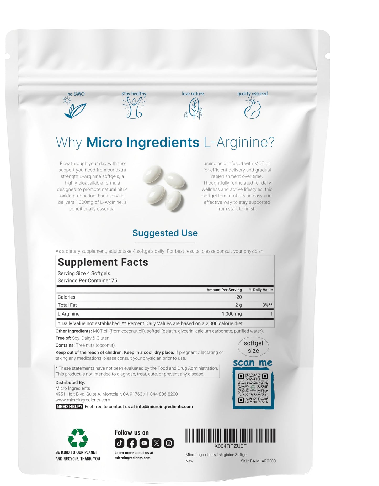 Micro Ingredients L-Arginine supplement bag displaying nutritional facts and ingredients list clearly.
