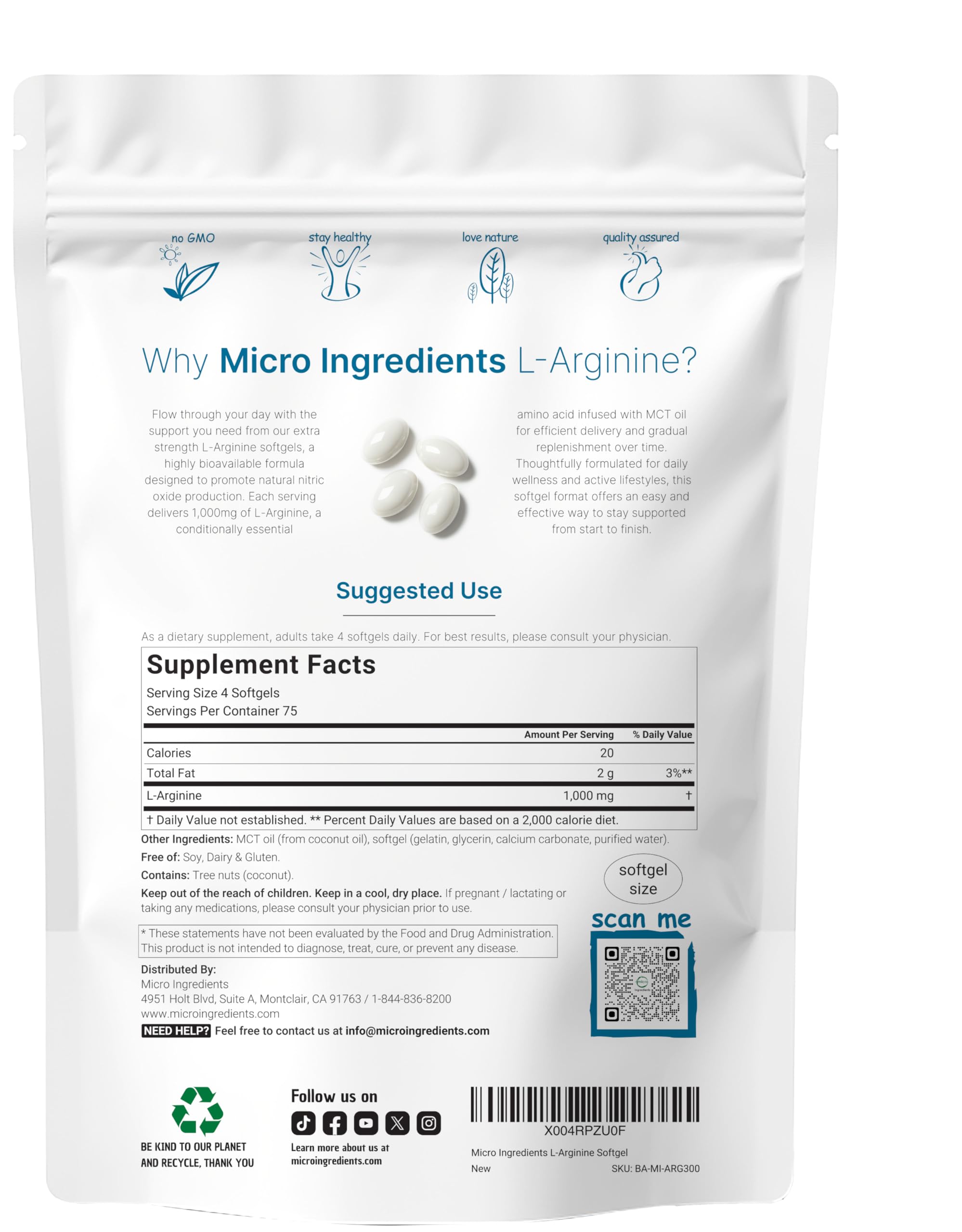 Micro Ingredients L-Arginine supplement bag displaying nutritional facts and ingredients list clearly.