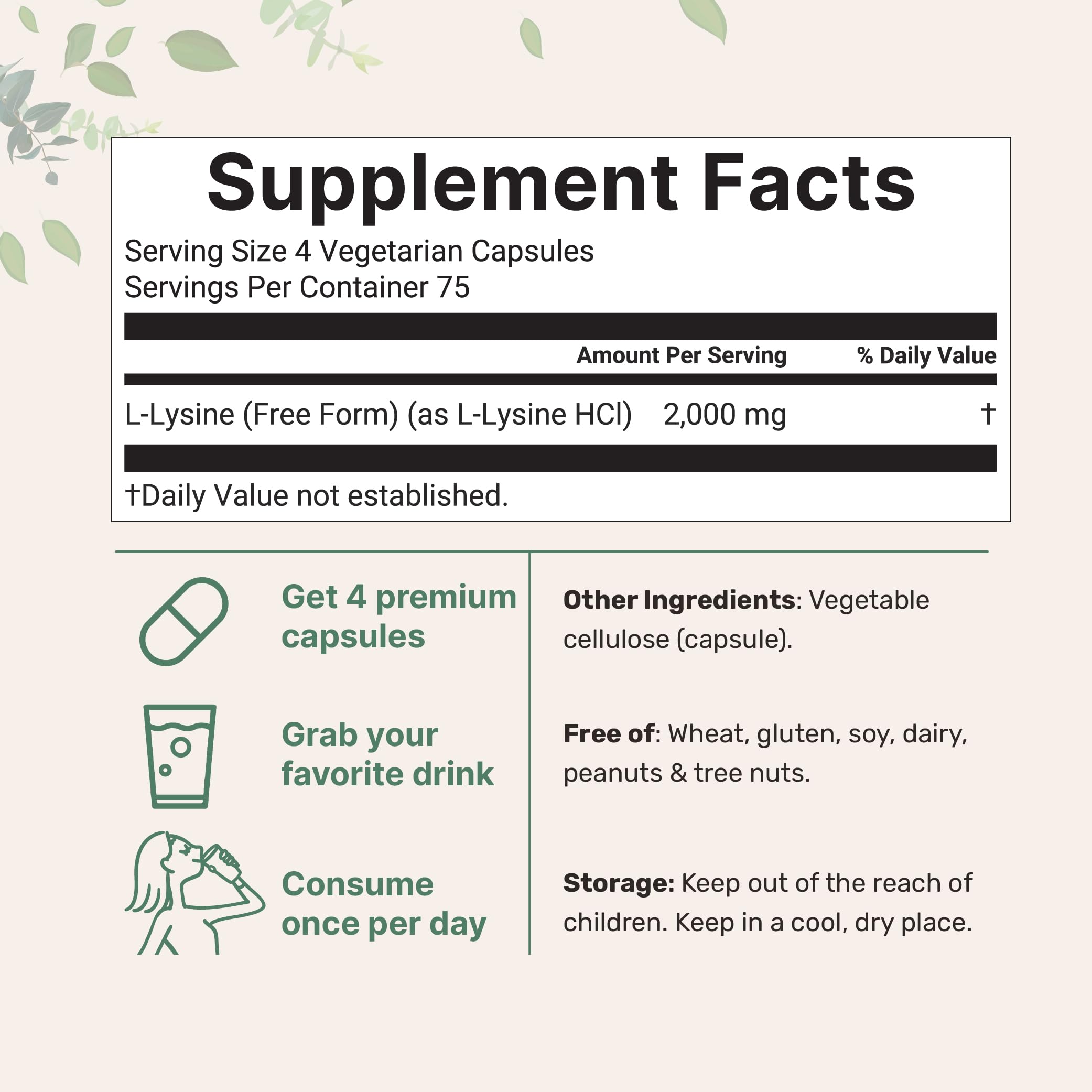Micro Ingredients L-Lysine 2000mg supplement label details