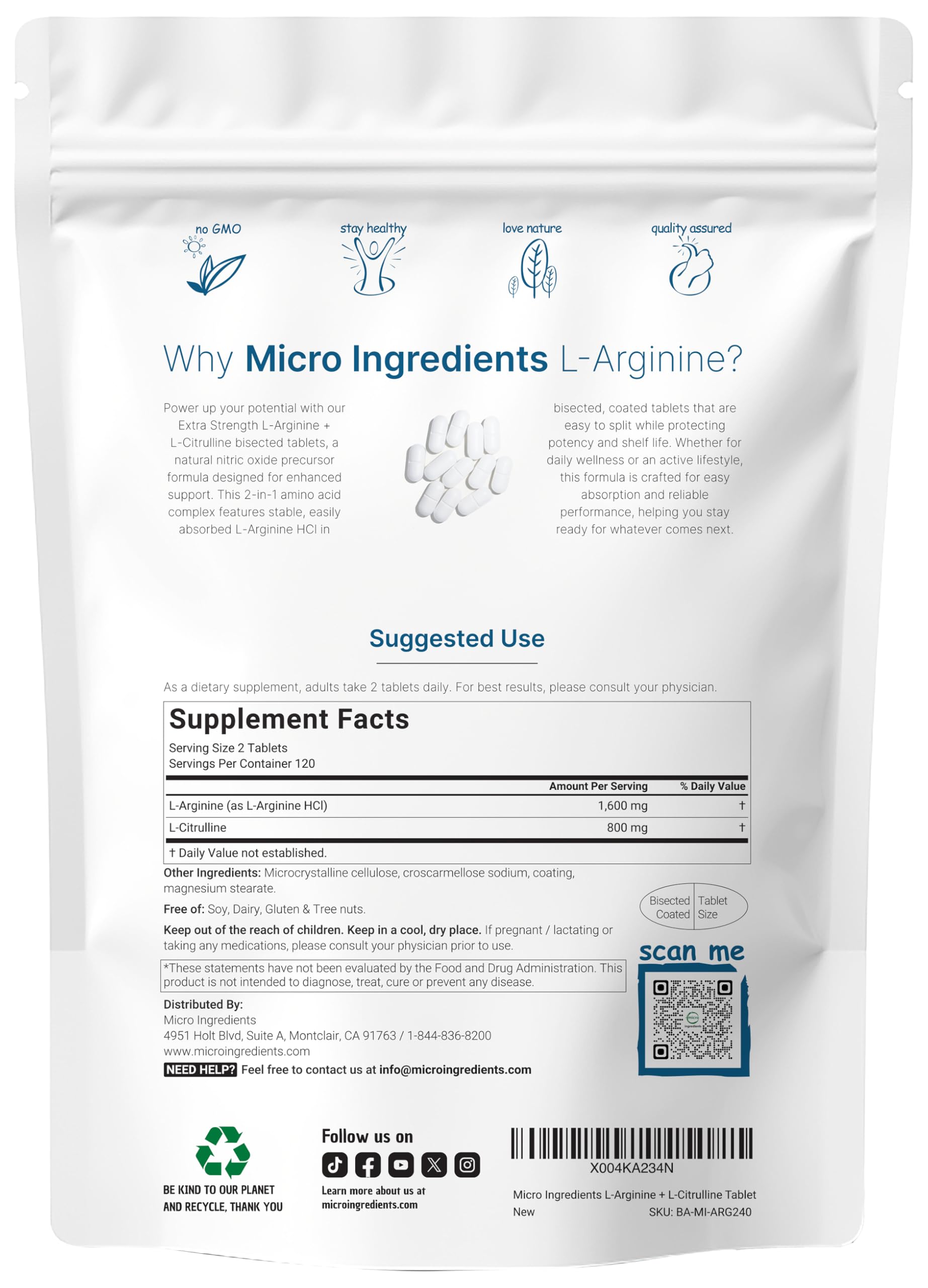 Micro Ingredients amino acid complex dietary supplement pouch showing 1600mg serving breakdown and non-GMO seal