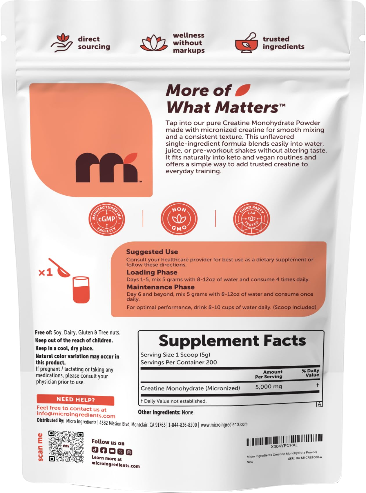 Micro Ingredients creatine monohydrate 1kg keto and vegan friendly label