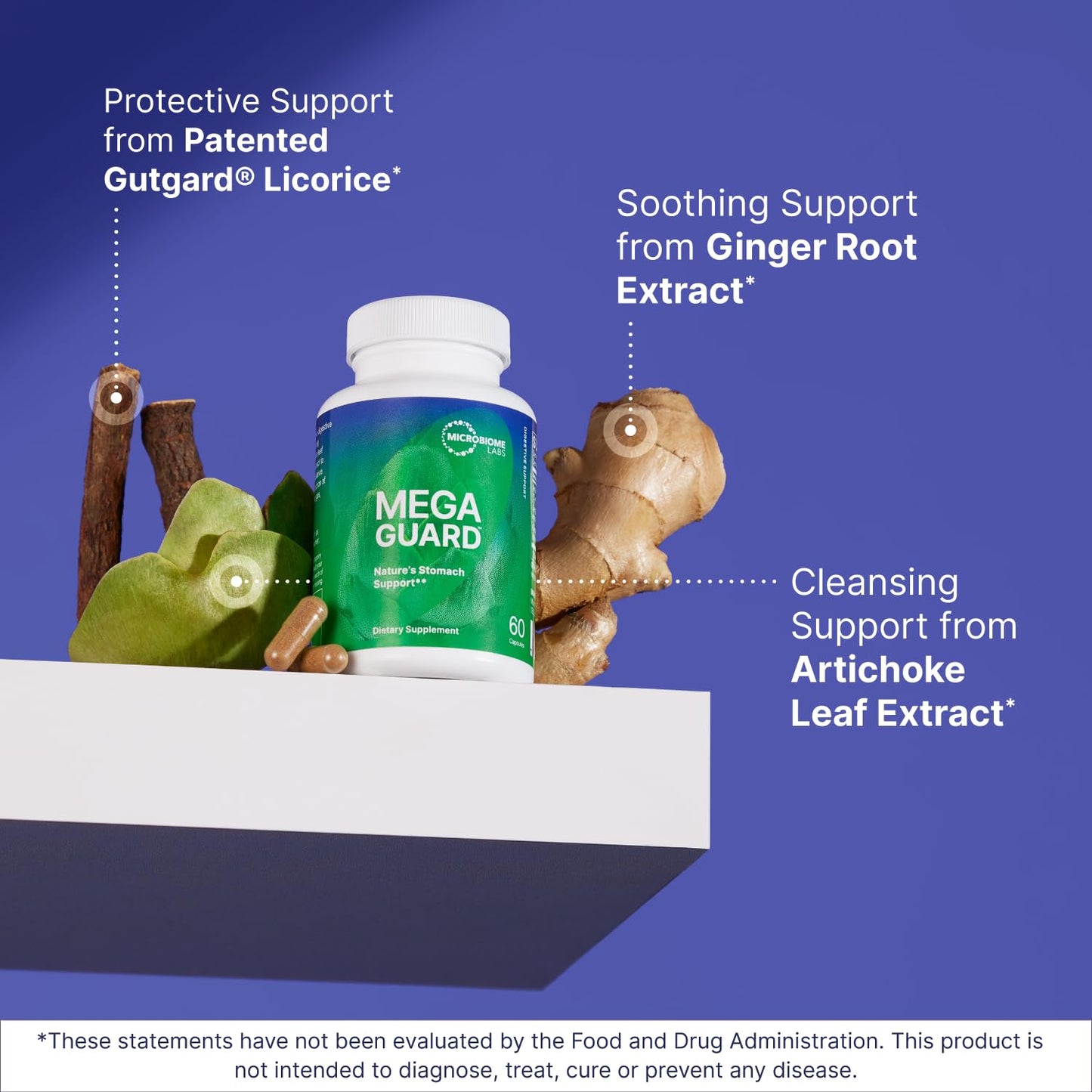 Microbiome Labs MegaGuard gut health capsules display showcasing vegan and non-GMO labels