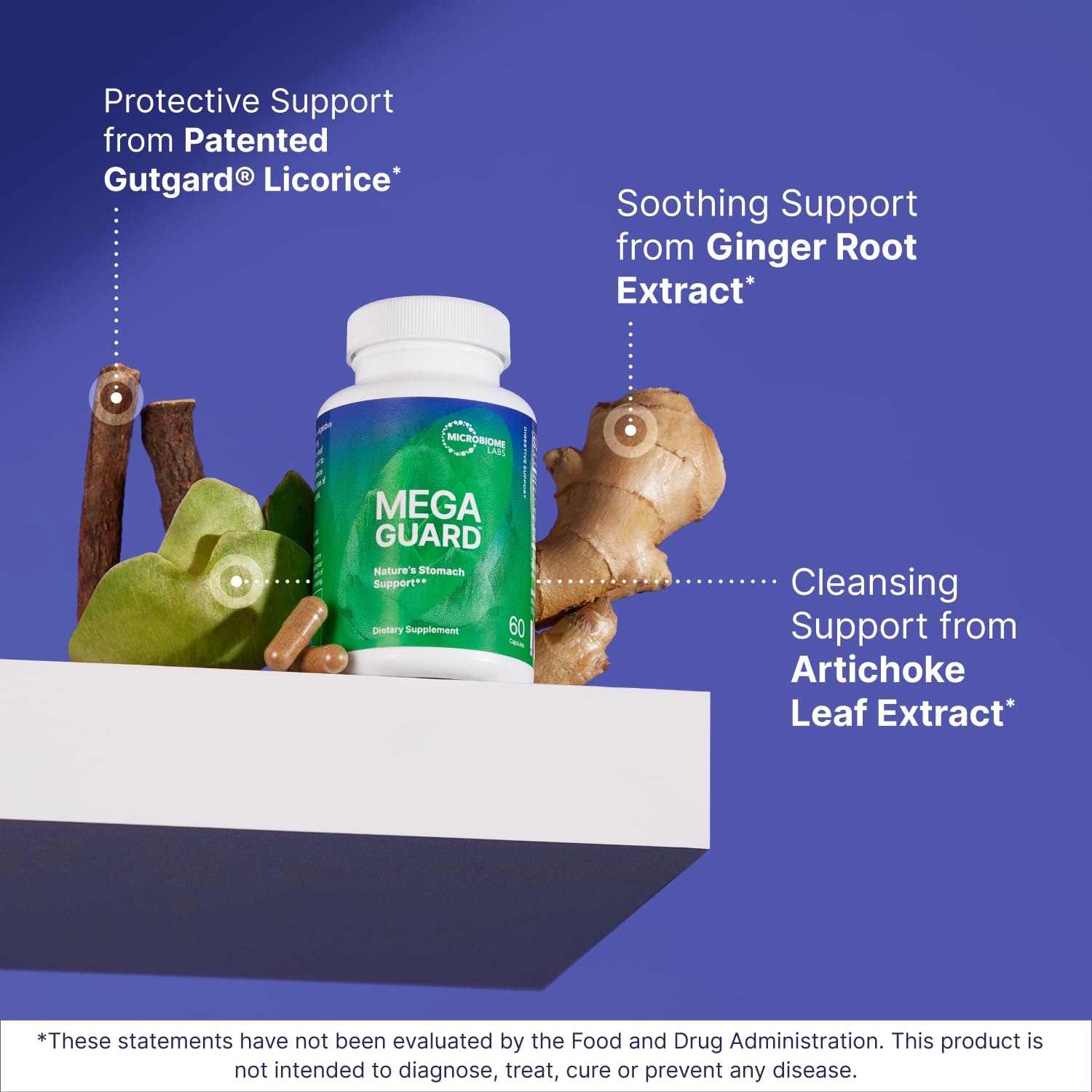 Microbiome Labs MegaGuard gut health capsules display showcasing vegan and non-GMO labels