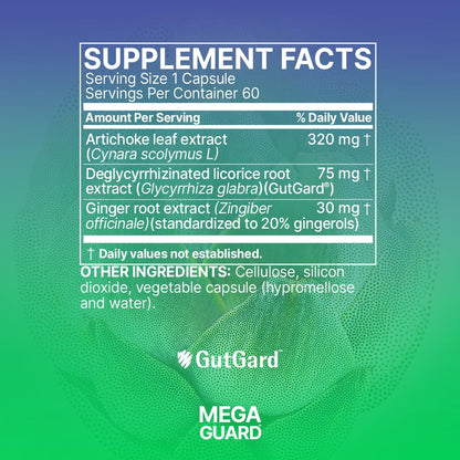 Microbiome Labs MegaGuard premium digestive aid bottle back label showing usage instructions