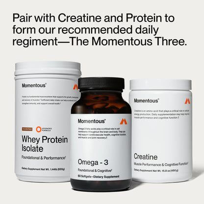 Premium triglyceride form fish oil by Momentous displaying the sports certification for professional athletes.