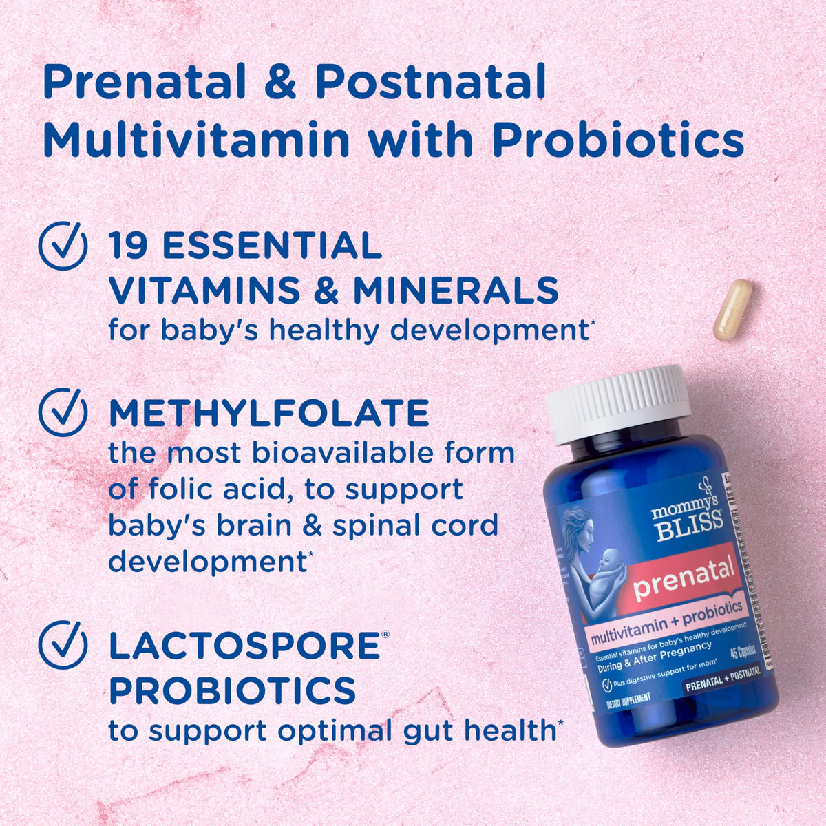 Mommy's Bliss prenatal supplement capsule bottle label details