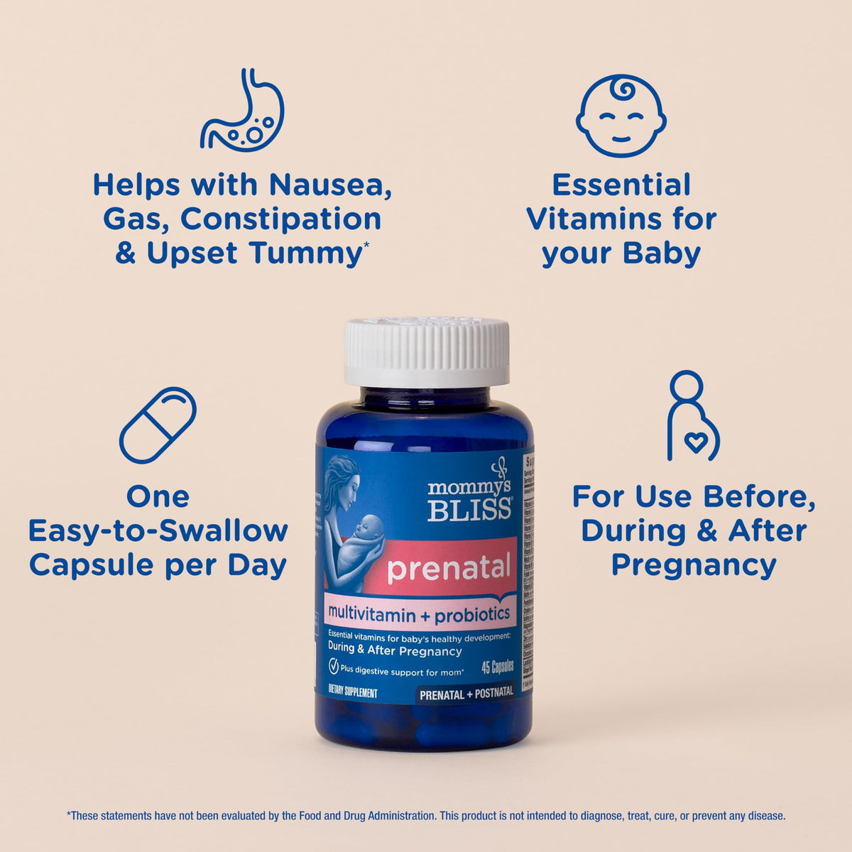 Mommy's Bliss prenatal vitamin bottle with probiotic and folate highlights