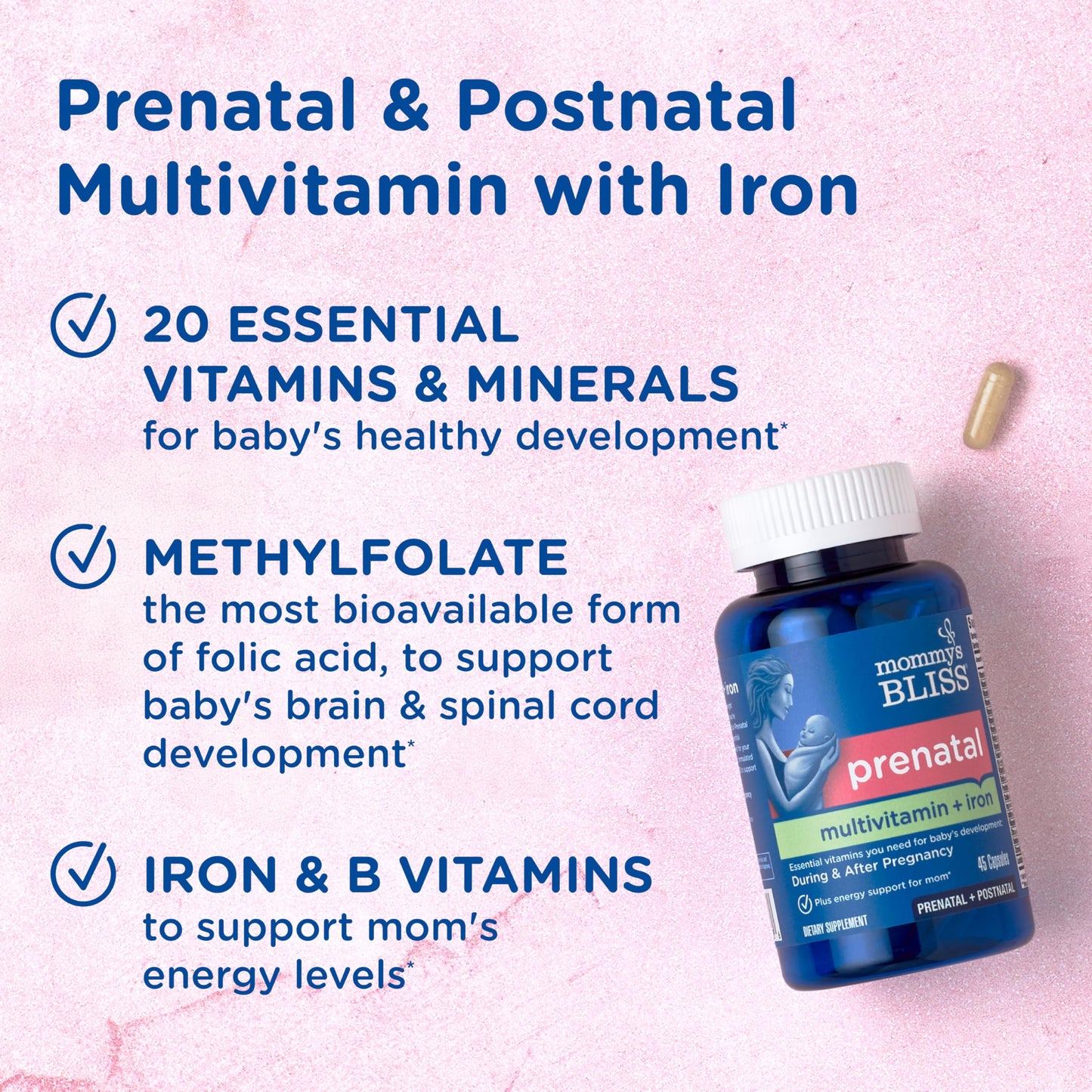 Side view of Mommy's Bliss prenatal supplement bottle