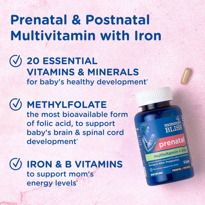 Side view of Mommy's Bliss prenatal supplement bottle