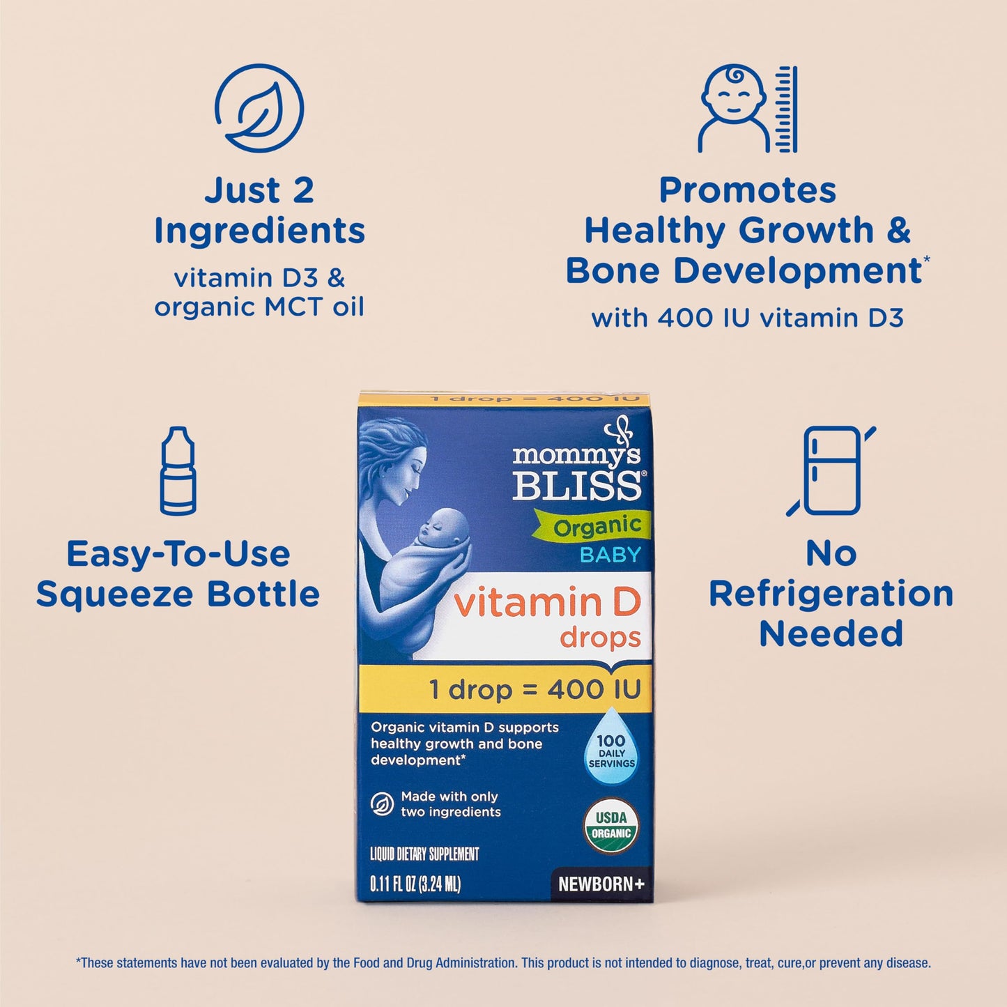 Close up of the organic ingredients label on the Mommy's Bliss infant Vitamin D box