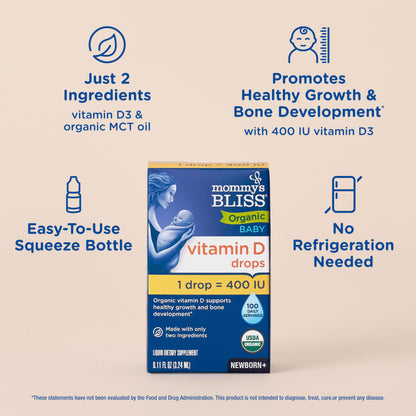 Close up of the organic ingredients label on the Mommy's Bliss infant Vitamin D box