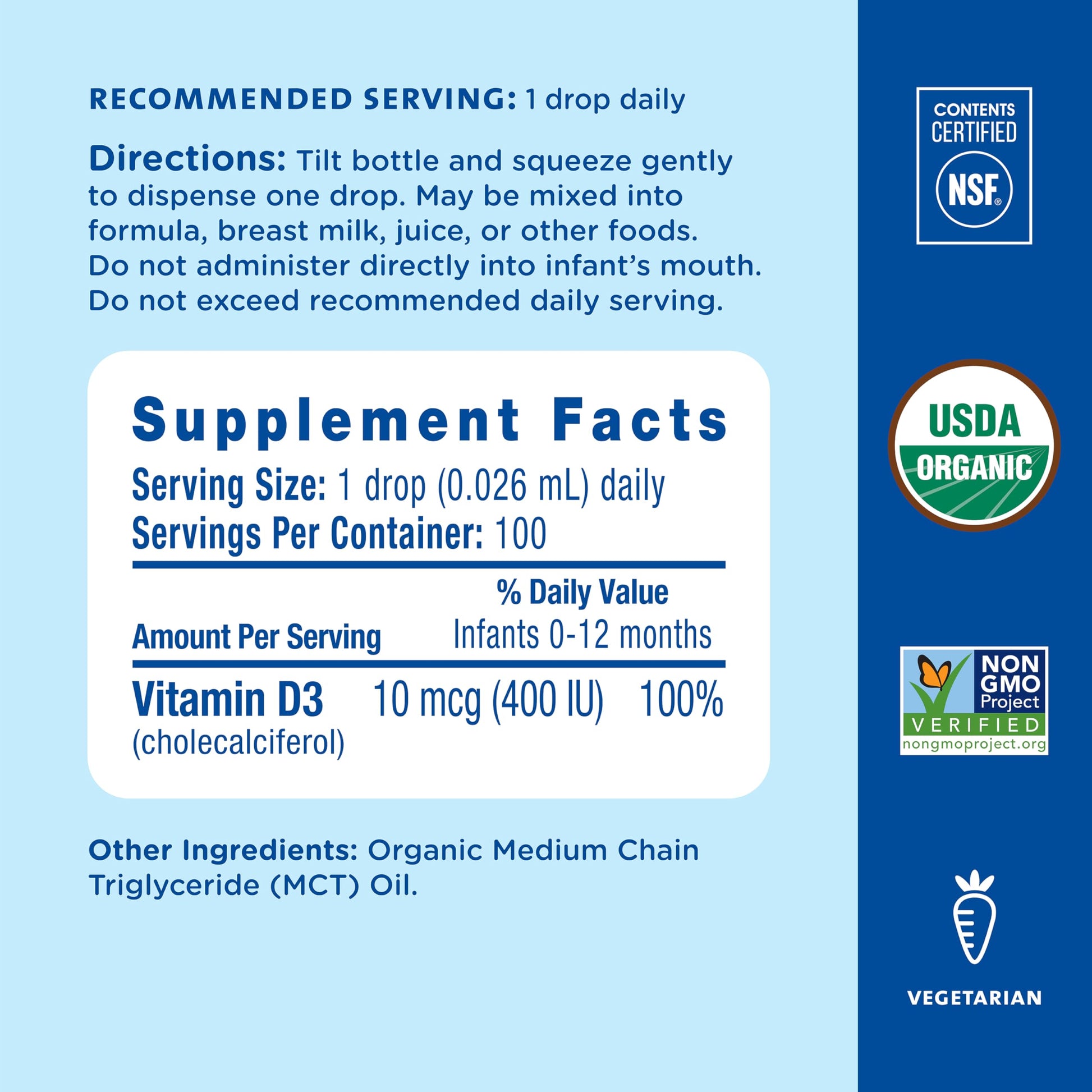 Back panel of Mommy's Bliss Vitamin D drops displaying the daily four hundred IU serving size