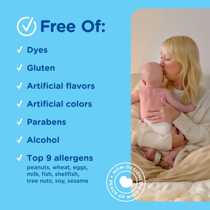 Mommy's Bliss baby vitamin liquid container emphasizing the allergen free formulation details