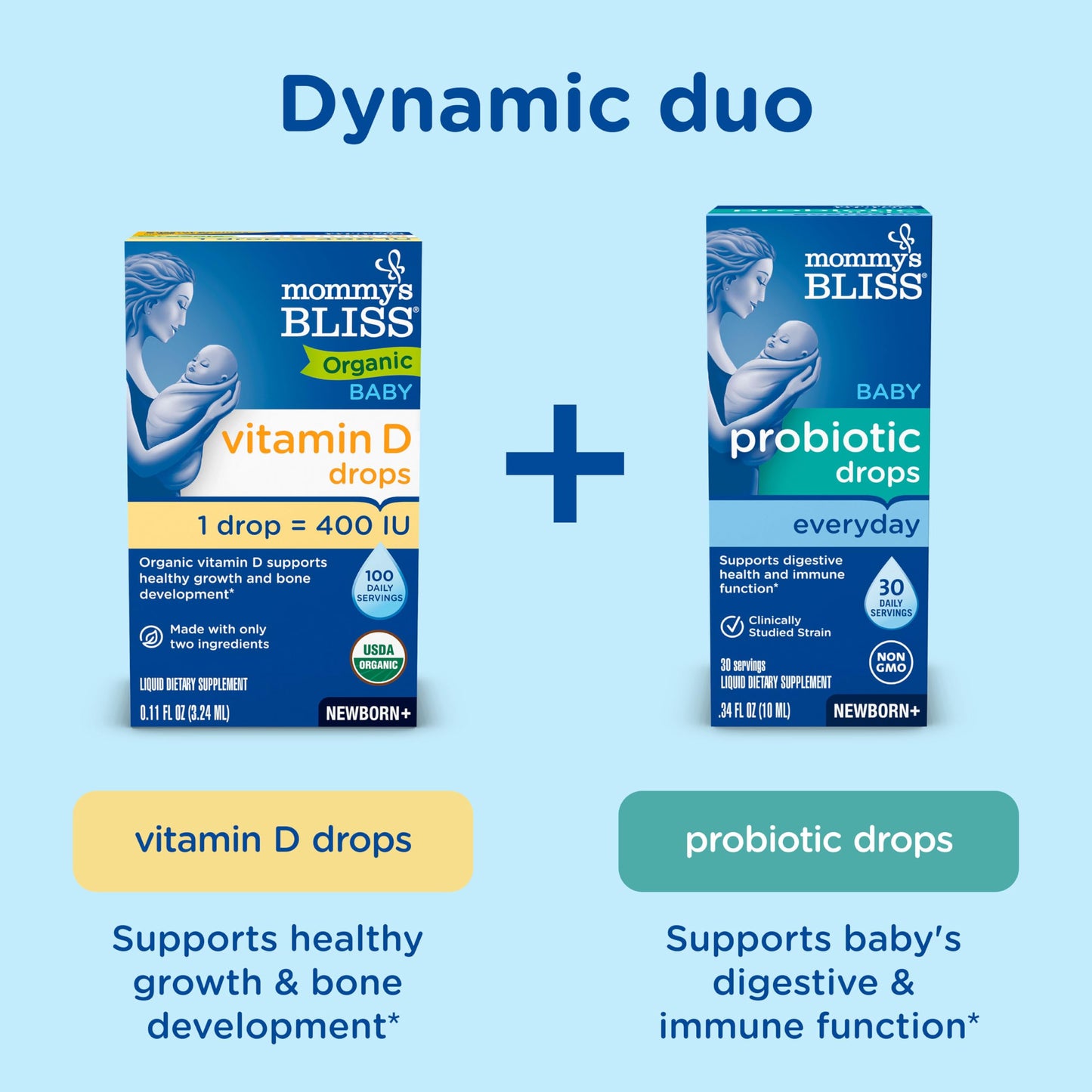 Side profile of Mommy's Bliss organic dietary drops for newborns showing the glass bottle