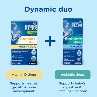 Side profile of Mommy's Bliss organic dietary drops for newborns showing the glass bottle