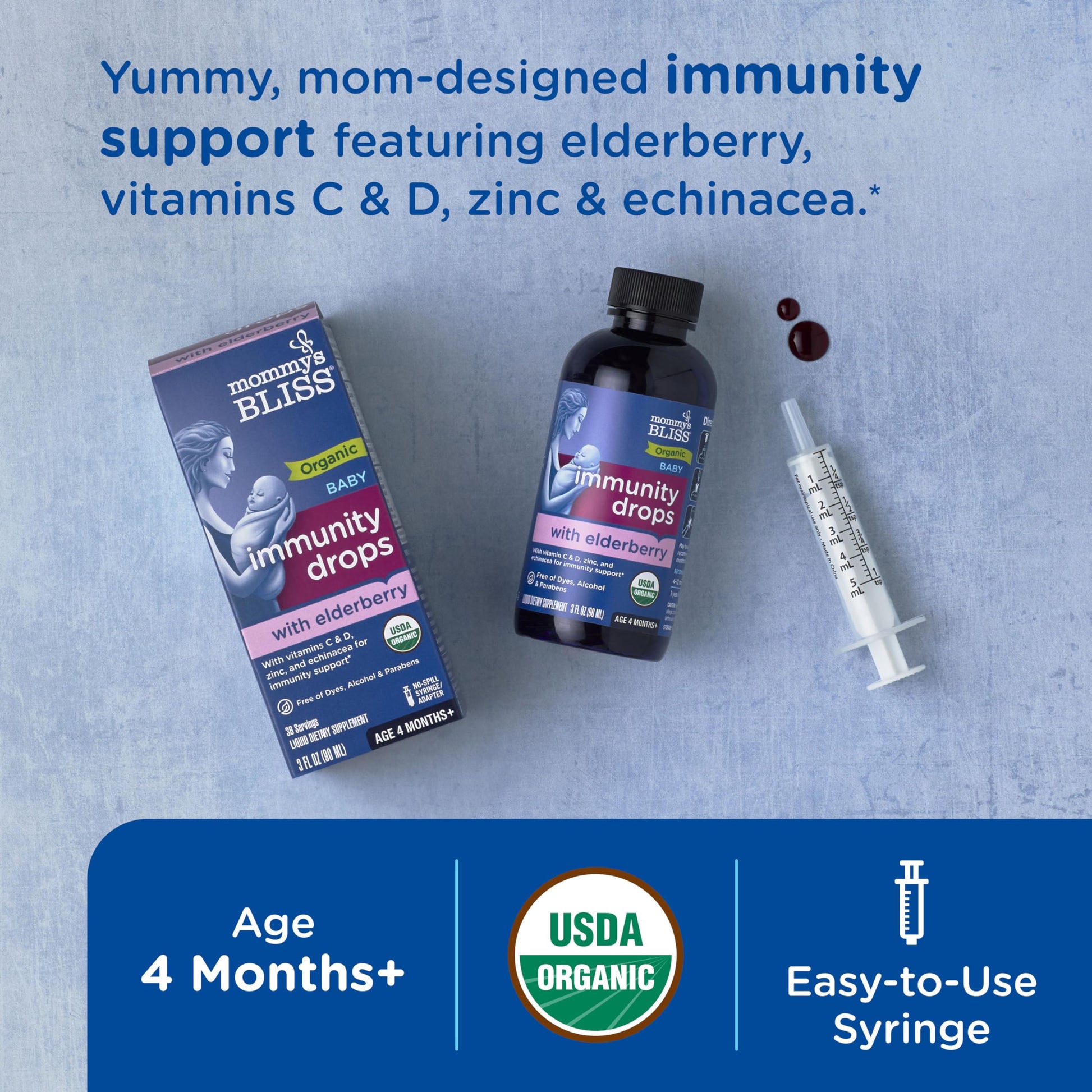 Side label of Mommy's Bliss baby immunity drops displaying organic ingredients, zinc, and echinacea nutritional information