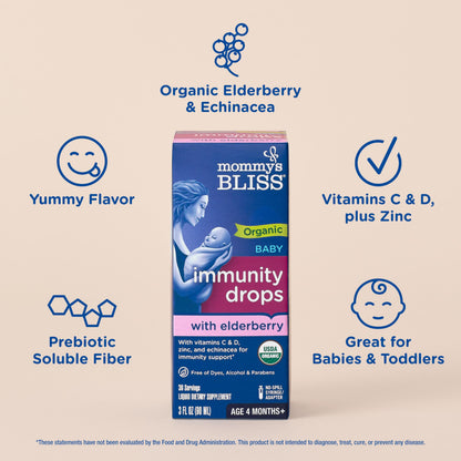 Close up of the no spill syringe adapter on the dark blue glass bottle of Mommy's Bliss elderberry liquid supplement