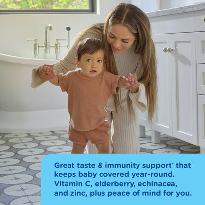 USDA Organic and NSF certification seals visible on the packaging of Mommy's Bliss infant elderberry drops