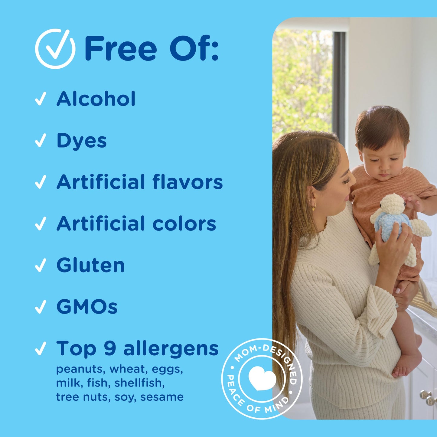 Back label view of Mommy's Bliss baby immunity liquid showing age specifications for four months and older and serving sizes
