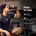 Muscletech Amino Build container with mixed sports drink glass