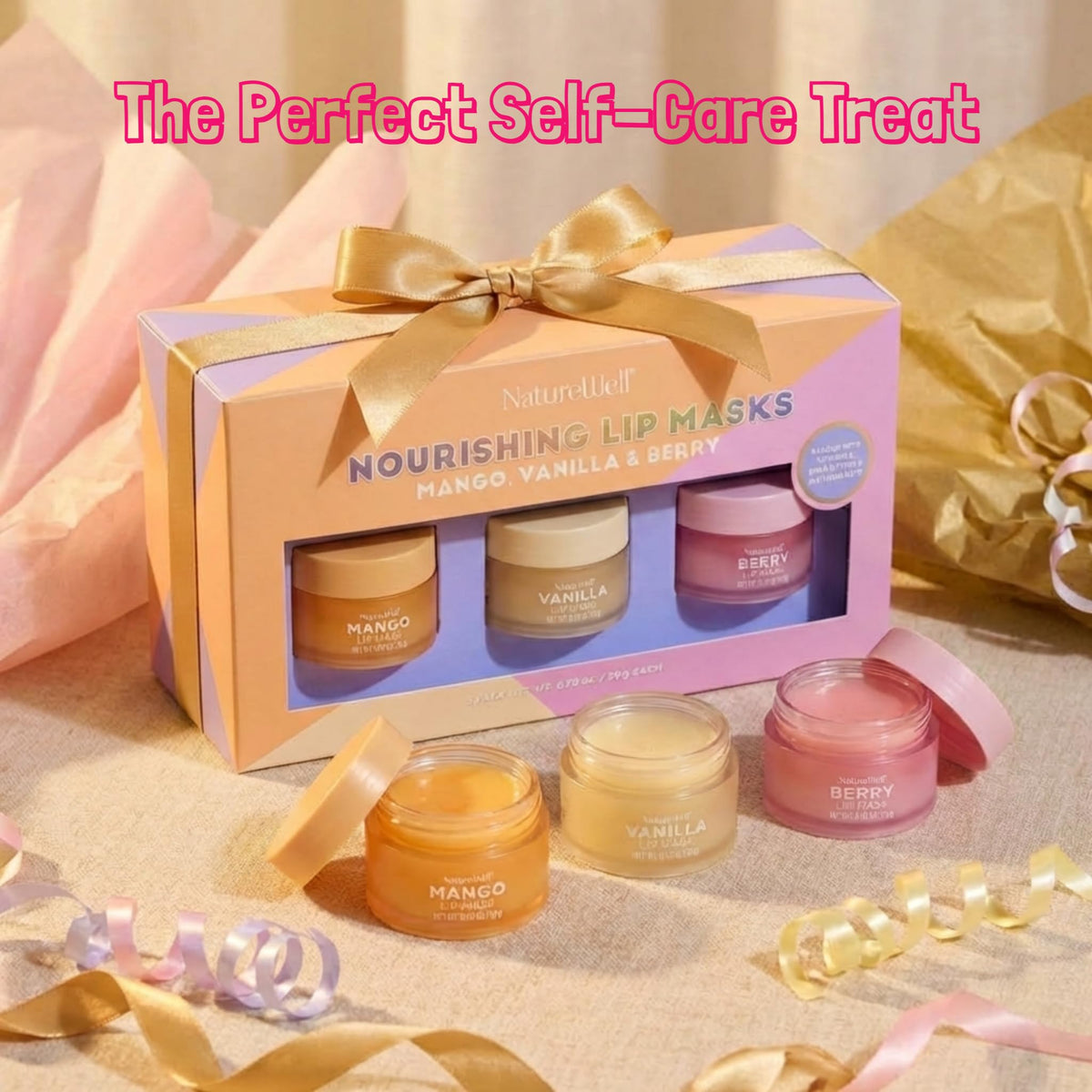 Three Nature Well lip mask jars arranged with aesthetic beauty props