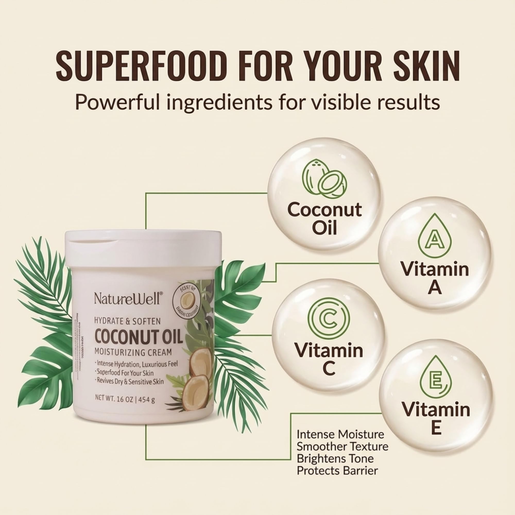 NATURE WELL Hydrate and Soften Coconut Oil Cream packaging details showcasing clean ingredients