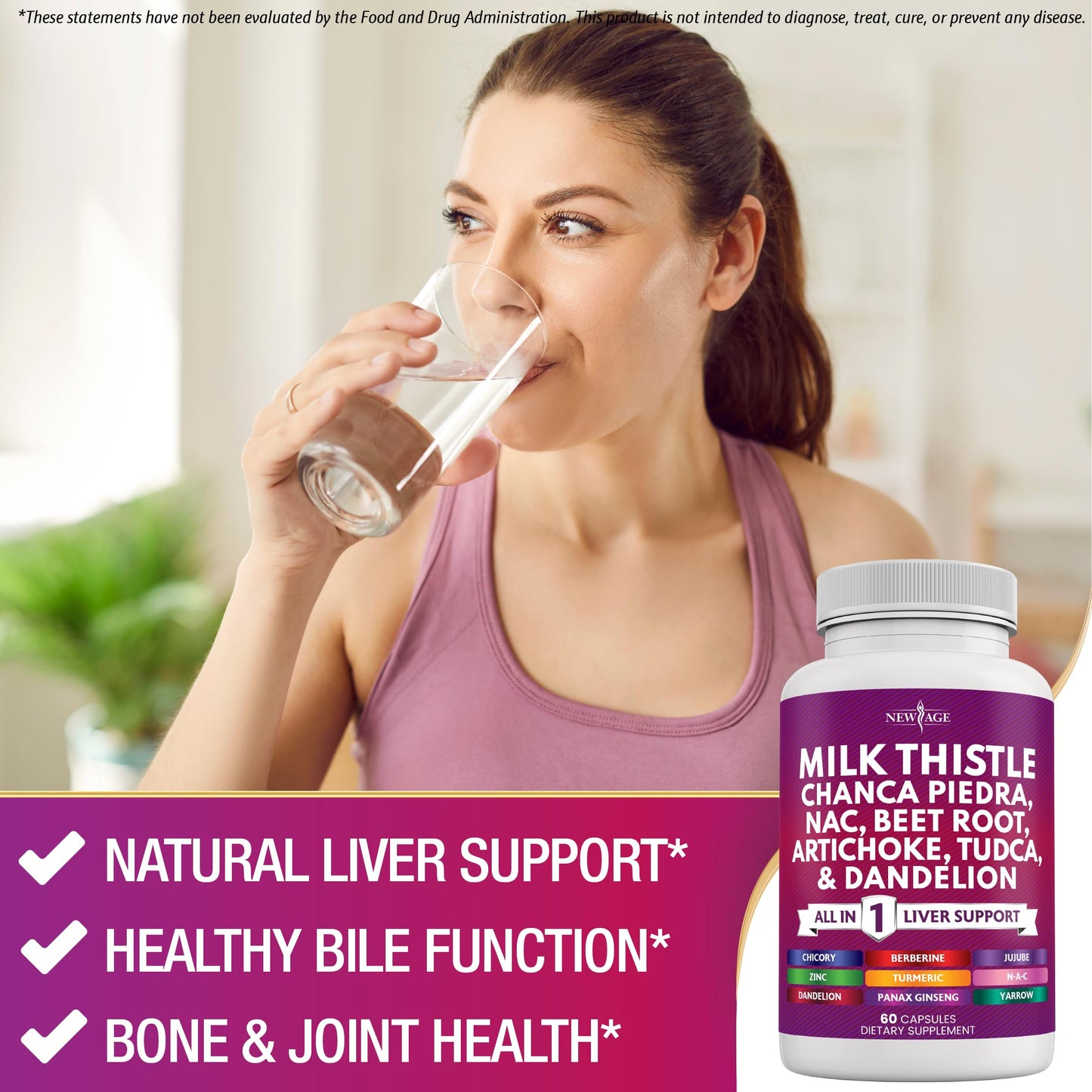 Premium USA imported purple bottle of New Age milk thistle supplements.