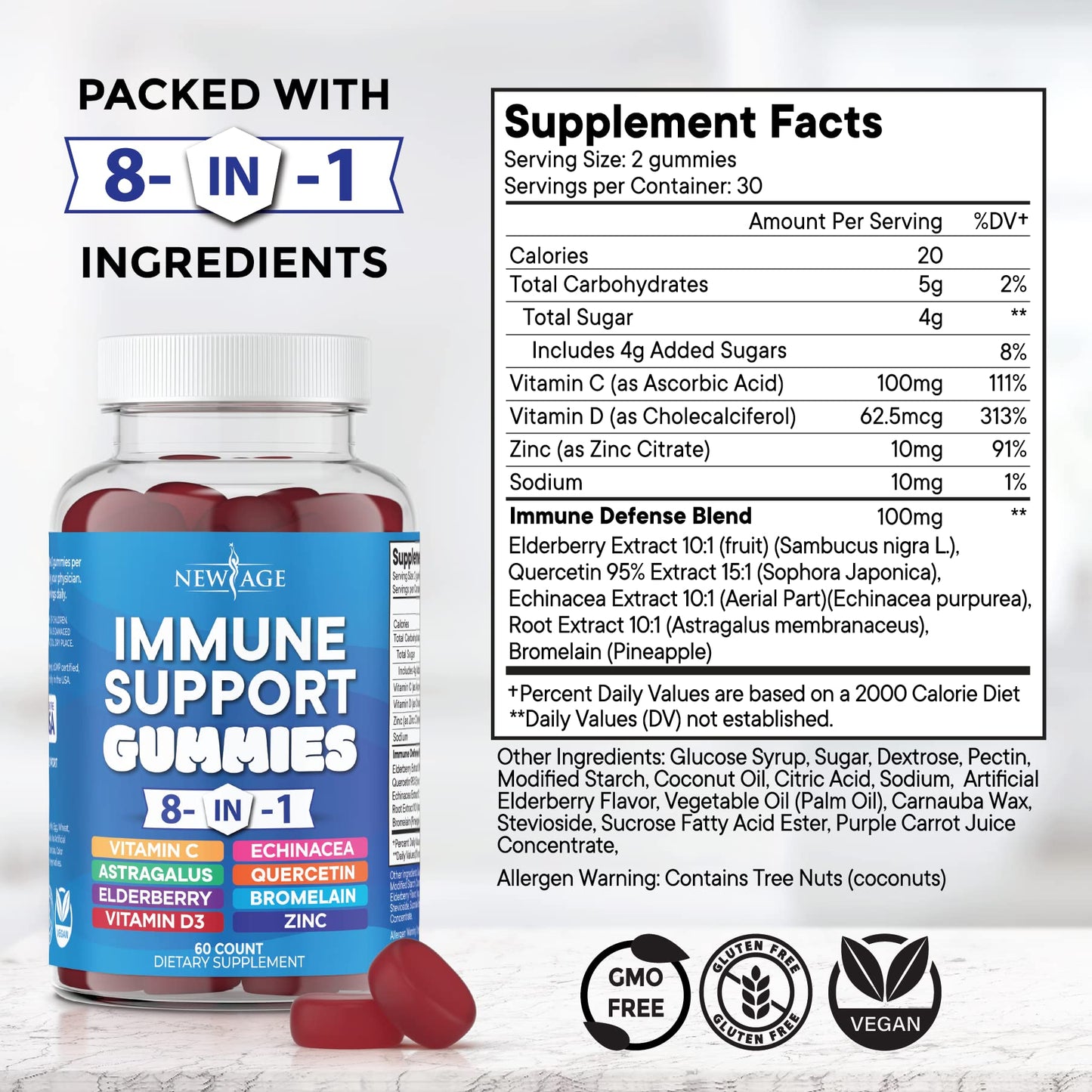 New Age Immune Support booster supplement nutritional label showing vitamin c zinc and astragalus details