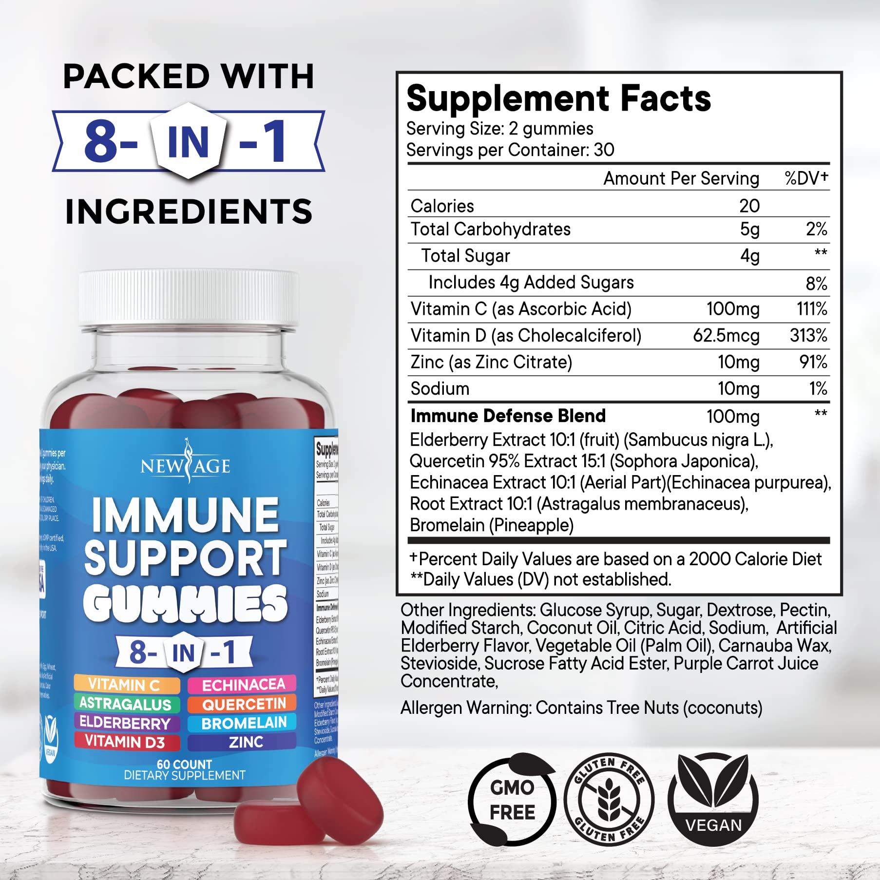 New Age Immune Support booster supplement nutritional label showing vitamin c zinc and astragalus details