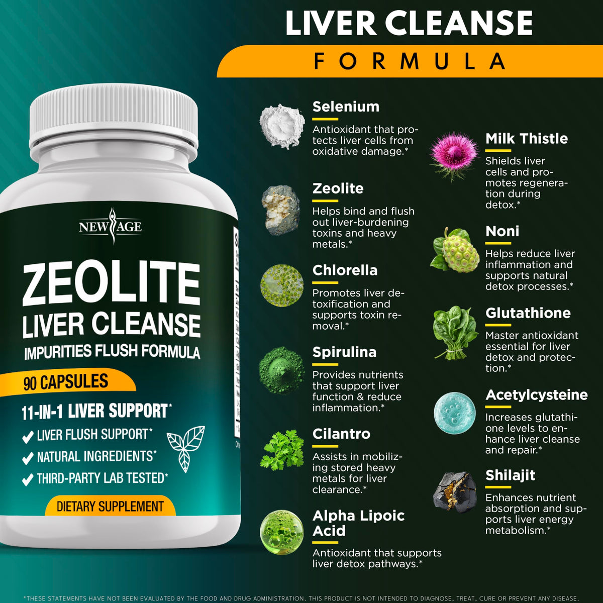 NEW AGE Zeolite capsule supplement bottle highlighting the 11-in-1 advanced detoxification blend ingredients