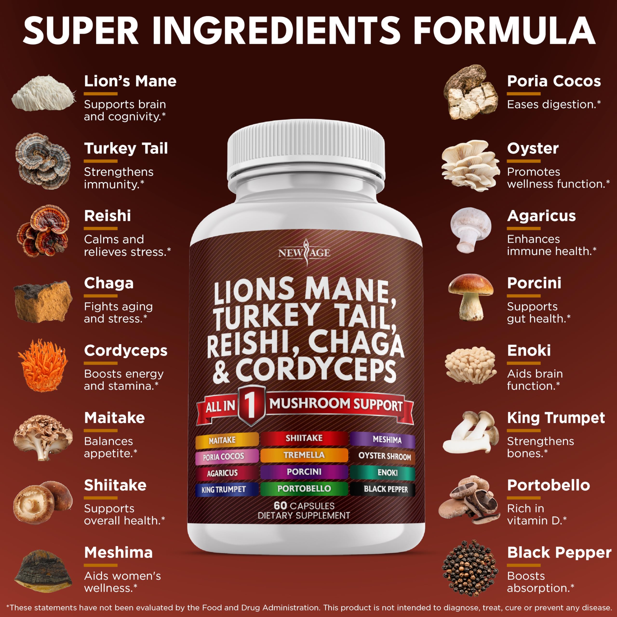 New Age Lions Mane 120 capsules label showcasing active ingredients