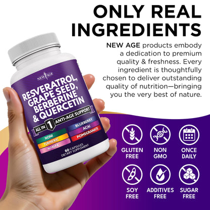 Nutritional information panel of New Age resveratrol and berberine cellular health pills