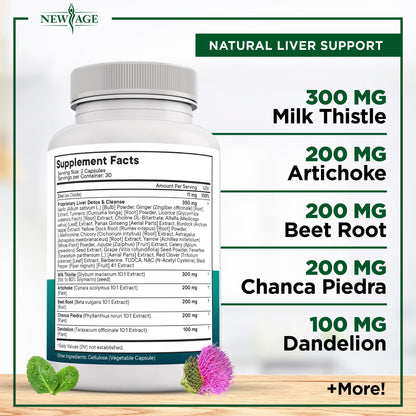 Authentic USA imported New Age milk thistle liver support capsules showing secure safety seal under the cap.