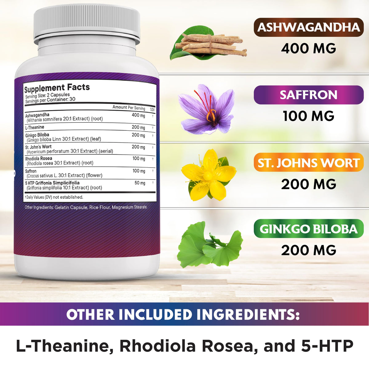 Supplement facts panel on the back of the NEW AGE saffron and ashwagandha bottle
