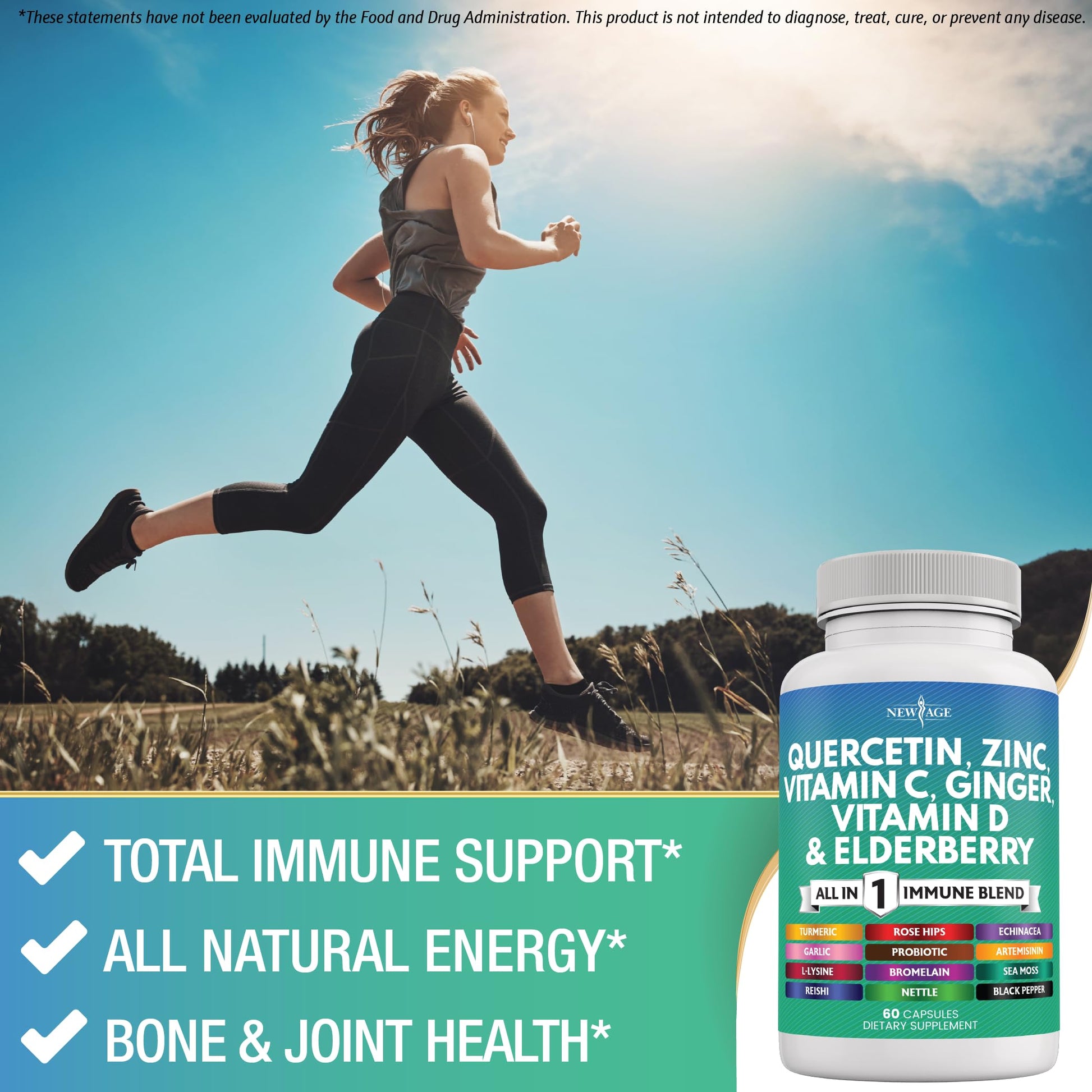 USA imported New Age all in one immunity blend capsule bottle side view