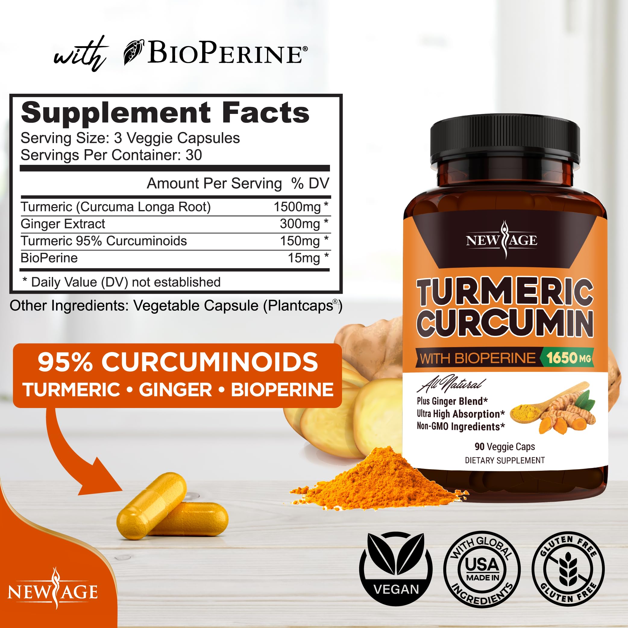 NEW AGE standardized turmeric curcumin 95 percent curcuminoids supplement facts panel view