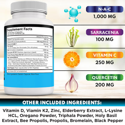 Back label of New Age NAC supplement listing vitamin D3 K2 zinc and quercetin facts